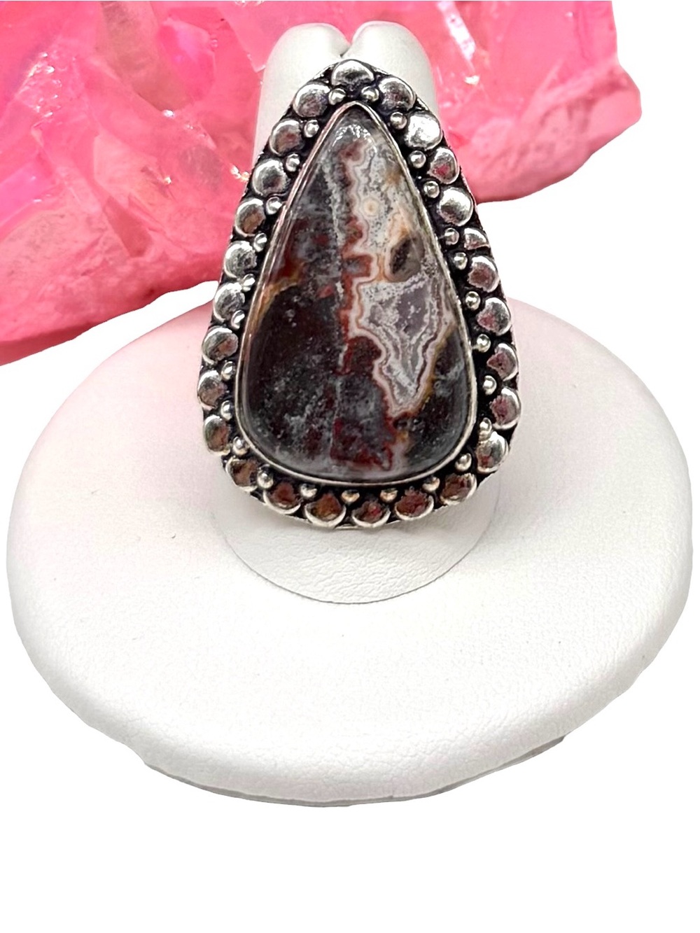 Crazy Lace Agate Ring Size 8 925 Sterling Silver Overlay